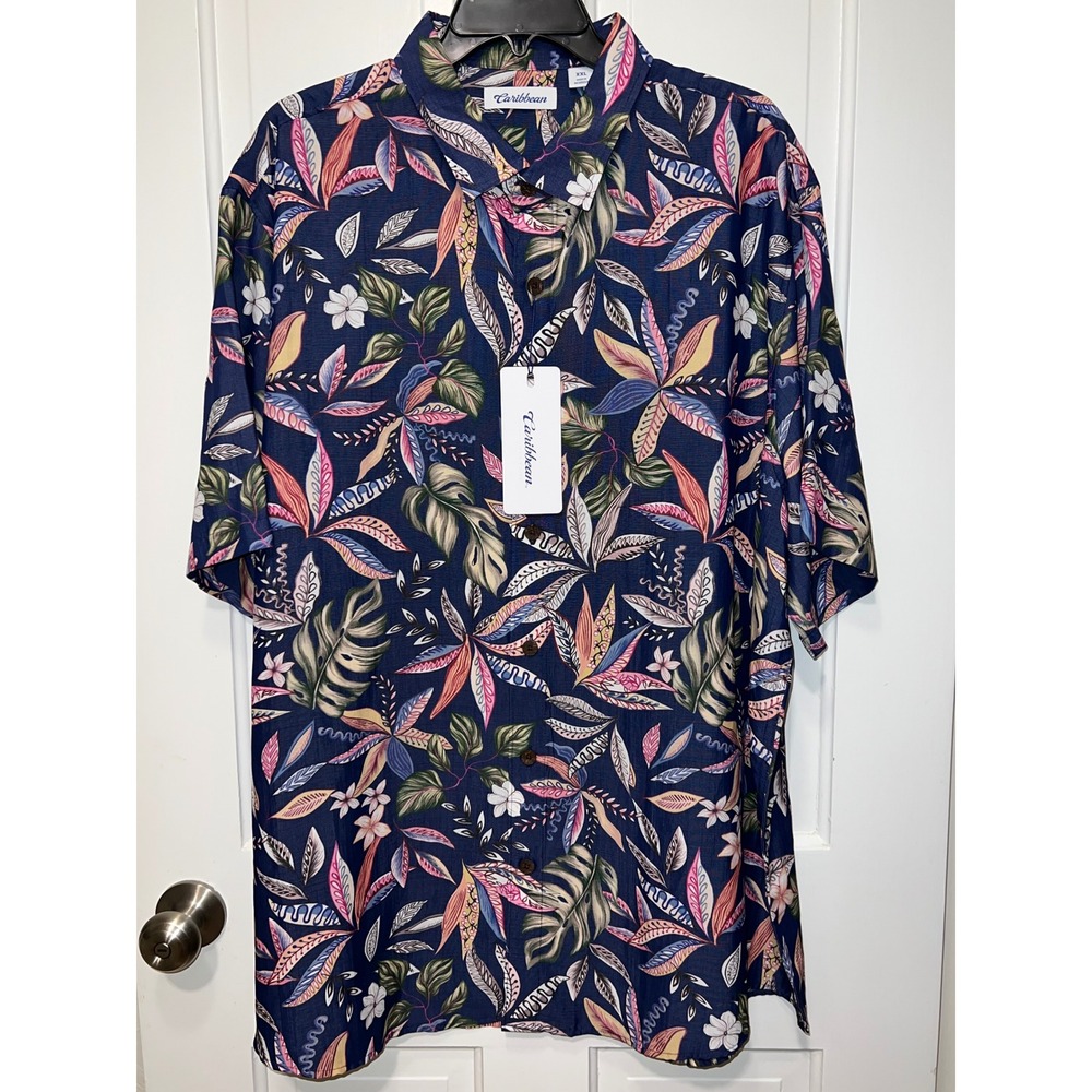 NEW Caribbean Mens XXL Tropical Floral Modal Blend Short Sleeve Button Up Shirt